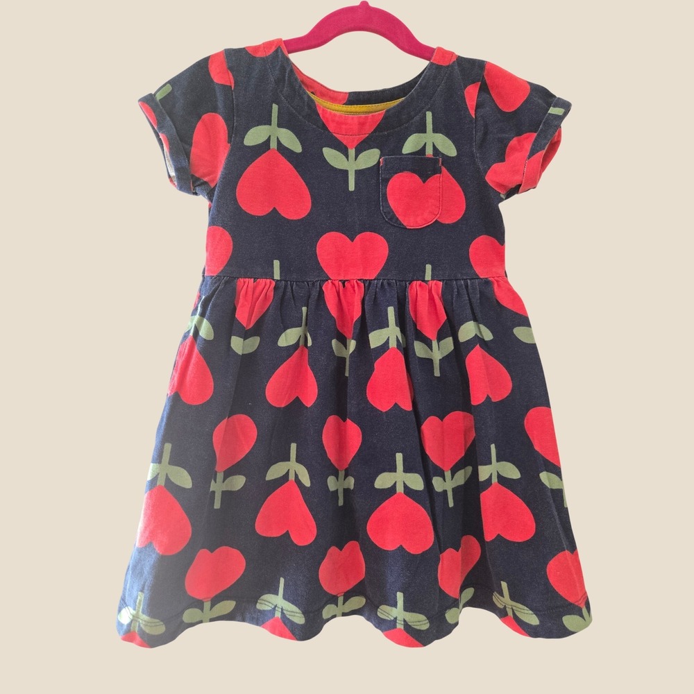 Mini Boden Girls Navy Red Heart Flower Jersey Dress Pockets 5-6Y 116cm G1705